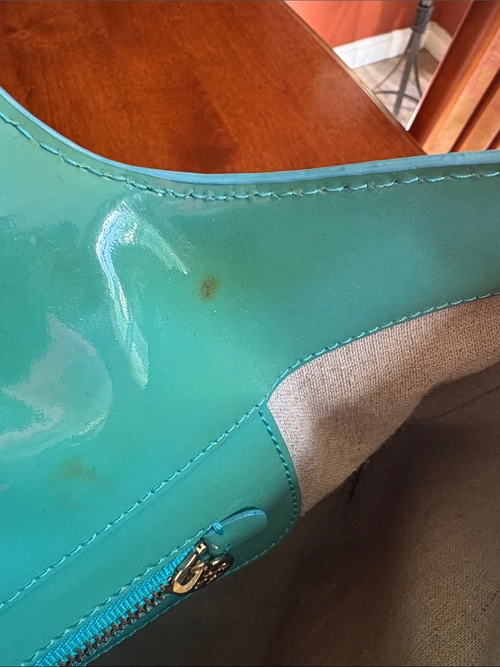 Tory Burch Patent Perforated Logo Tote in Teal
